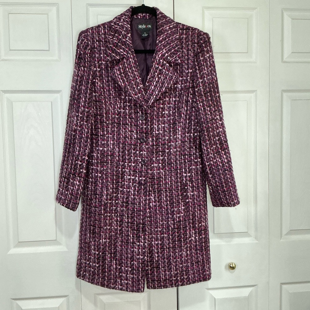 🌷 Style & Co Purple Black Pink White Tweed Coat / Jacket Lined - 10 - Picture 3 of 6